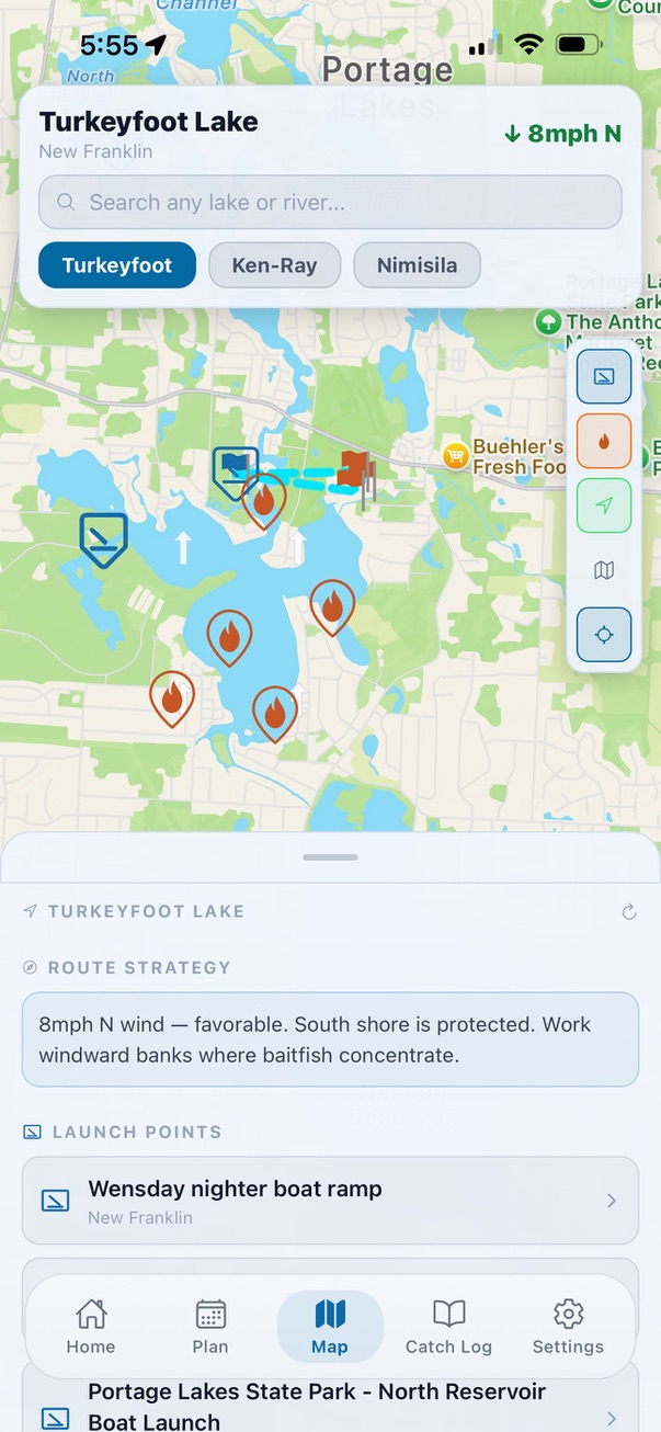 Map of Turkeyfoot Lake with launch points, likely spots, wind, and a route strategy